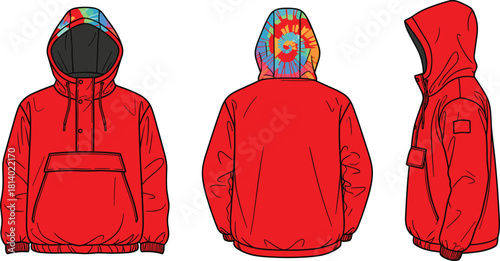 Red hooded jacket illustration, front back side view, kangaroo pocket, sleeve patch, tie-dye hood lining, fashion outerwear, garment sketch, clothing design