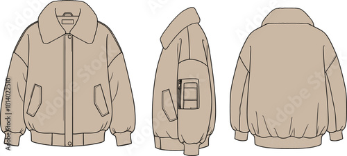 Zip-up puff jacket technical sketch, front side back view, large collar, sleeve pocket, ribbed cuffs hem, fashion design, garment construction template