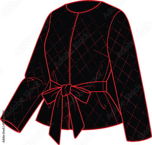 Quilted jacket with bow belt, diamond pattern, round neckline, long sleeves, red outline, stylish outerwear, fashion design, garment detail, elegant coat