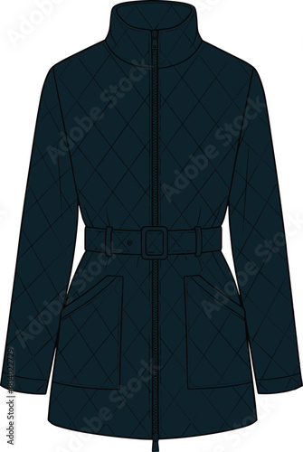 Quilted jacket with belt, high collar, diamond pattern, front zipper, flap pockets, dark outerwear, stylish winter coat, fashion apparel, structured silhouette