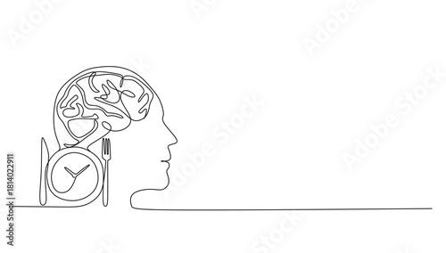 continuous stylized modern drawing of a human head and Plate with o clock, fork, knife, thinking about food. Time to eat.