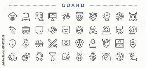 Guard related icon set. Contains related to access, privacy, protect, security camera and more. Protect linear icon set. Line symbol and sign. Pixel perfect. Vector illustration.