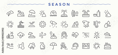 Season icon set in linear style. Contains such icons as basil, tree, basil and leaves, garden, eco, ecology and more. Tree icon collection. Minimal icons collection. Vector illustration.