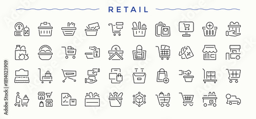 Retail icon. Business icon pack. Icons for website. Pack of purchase, product, sale, business, delivery, supermarket, market and more. Editable stroke collections.