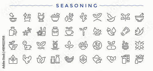 Seasoning icon set in linear style. Ingredient icon set. Contains such symbols as herb, vanilla, garlic, leaf, cinnamon, condiment, pepper and more. Vector illustration.