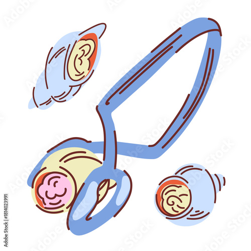 Escargot tongs holding a snail with herbs in the shell among seafood in shells on white