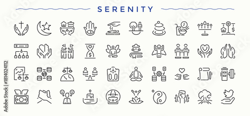 Serenity icon set. Stress minimal thin line web icons set. Mind line icon set. Editable stroke collections.
