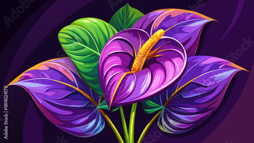 Very beautiful vibrant purple anthurium flower showcased against a dark backdrop, highlighting its glossy heart-shaped spathe and striking yellow spadix, creating a dramatic and elegant tropical compo