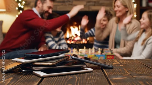 Family enjoying tech-free quality time, holiday season warmth by the fireplace, smartphones stacked as a digital detox symbol