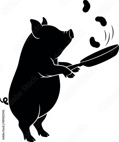 Pig chef flipping beans in frying pan