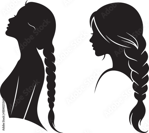 Black Silhouette Profiles of Women with Braids on White