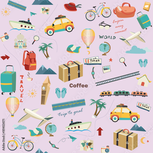 Cute Seamless Pattern with Travel vacation and Transportation Icons. Seamless pattern featuring random travel and vacation themed icons against a soft light purple or lavender background.