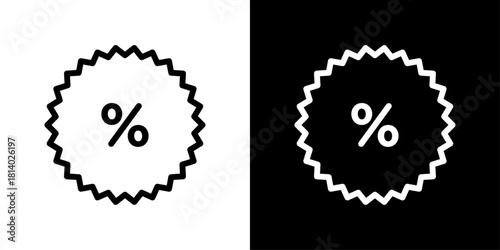 Clean discount badge icon with a starburst outline and bold text, provided as an AI-editable vector in both white and black backgrounds.