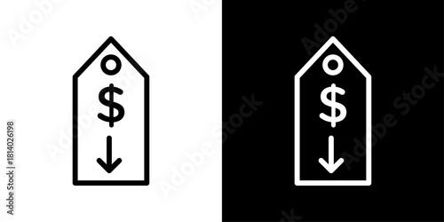 Minimal price slash icon featuring a bold diagonal cut across a price tag, provided as an AI-editable vector with light and dark background versions.