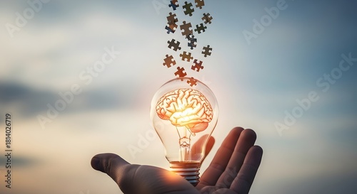 Hand holding a lightbulb with a brain inside and puzzle pieces flying out symbolizing ideas and innovation.