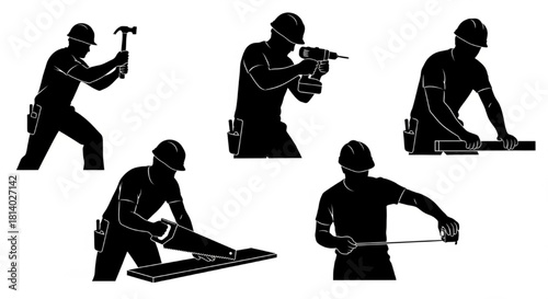 Construction Worker Silhouette Vector Showing Tool Actions — Hammering, Drilling, Sawing, Measuring

