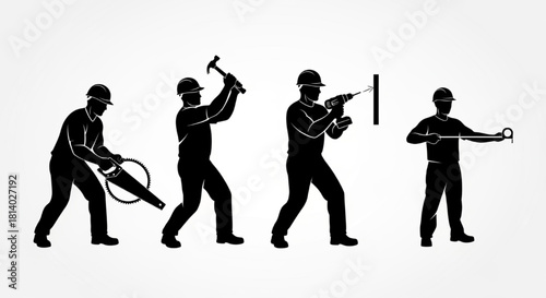 Construction Worker Silhouette Vector Showing Tool Actions — Hammering, Drilling, Sawing, Measuring

