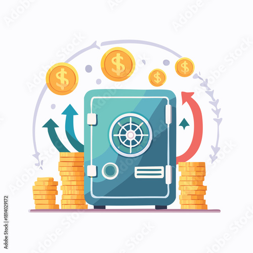 Flat illustration of a teal safe with stacks of gold coins and floating dollar coins, surrounded by curved arrows on a white background.