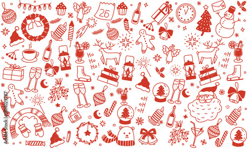 Hand drawn chalk vintage new year set. Whimsical Christmas dinner table decor candles, charcuterie, wine or champagne. Retro vintage ink holiday menu elements. La dolce vita vector illustration