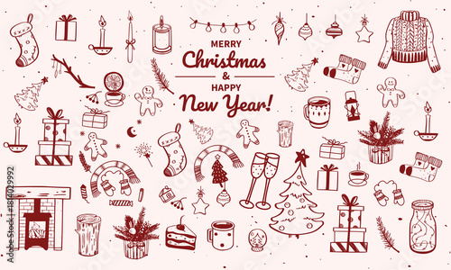 Hand drawn chalk vintage new year set. Whimsical Christmas dinner table decor candles, charcuterie, wine or champagne. Retro vintage ink holiday menu elements. La dolce vita vector illustration