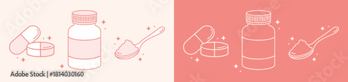 Pink pills bottle collagen powder beauty supplements skincare vitamins medicine aesthetic outline drawing. Cute girly sparkly pastel color wellness packaging doodle logo design sticker bundle pack.