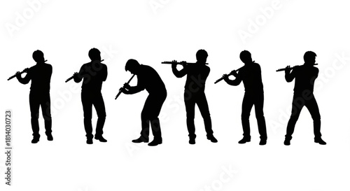 Flute Player Silhouette Vector Showing Playing Sequence — Leaning, Side Angles, Standing, Expressive Pose

