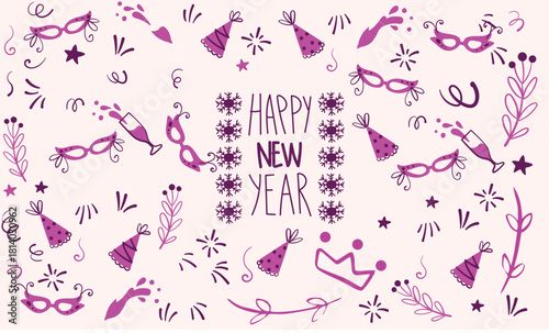 Hand drawn chalk vintage new year set. Whimsical Christmas dinner table decor candles, charcuterie, wine or champagne. Retro vintage ink holiday menu elements. La dolce vita vector illustration