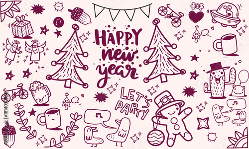 Hand drawn chalk vintage new year set. Whimsical Christmas dinner table decor candles, charcuterie, wine or champagne. Retro vintage ink holiday menu elements. La dolce vita vector illustration