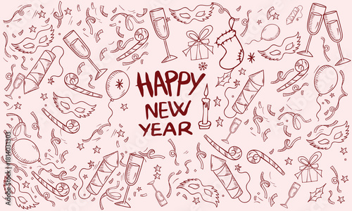 Hand drawn chalk vintage new year set. Whimsical Christmas dinner table decor candles, charcuterie, wine or champagne. Retro vintage ink holiday menu elements. La dolce vita vector illustration