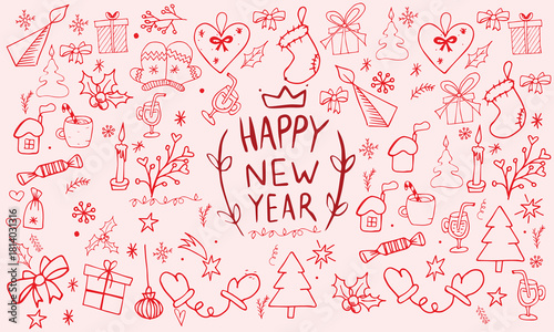 Hand drawn chalk vintage new year set. Whimsical Christmas dinner table decor candles, charcuterie, wine or champagne. Retro vintage ink holiday menu elements. La dolce vita vector illustration