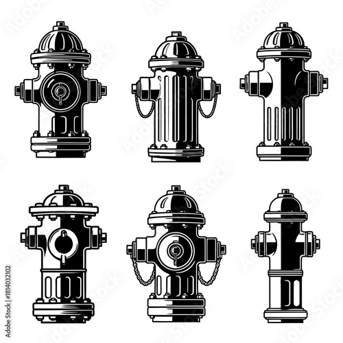 A set of six detailed fire hydrants in a bold black and white monochrome vector style.
