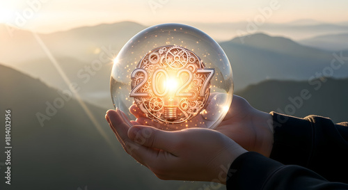Hands holding a crystal ball with the year 2027 glowing inside at sunset.