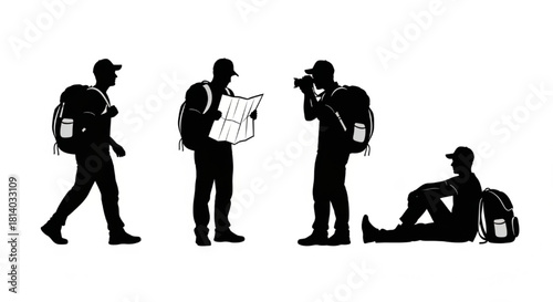 Traveler Silhouette Vector Showing Journey Actions — Walking, Checking Map, Taking Photo, Resting

