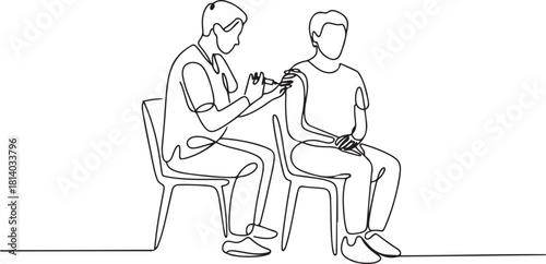 Healthcare professional administers vaccine to patient in line art style. one line Icon drawing with white background