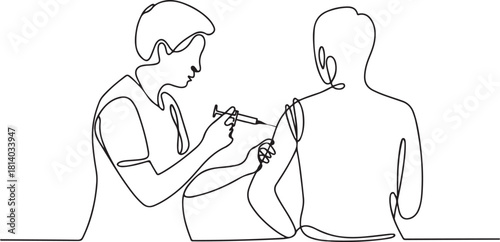 Healthcare professional administers vaccine to patient in line art style. one line Icon drawing with white background