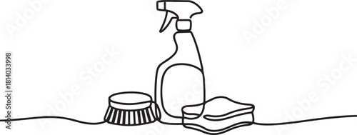 Cleaning supplies line art illustration. one line Icon drawing with white background