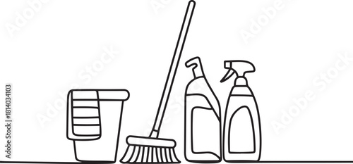 Cleaning supplies line art illustration. one line Icon drawing with white background