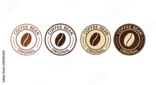 Coffee Bean Original Logo Collection: Set of 4 vector stamps featuring brown coffee bean icons in a circle with the text "Coffee Bean Original," ideal for coffee branding and product packaging, vintag