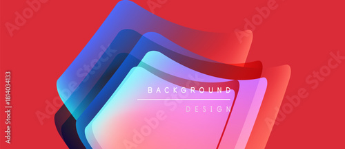 Abstract layers, vibrant colors, gradient shapes create modern background. Text reads background design. Red dominates top, bottom areas.