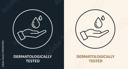 Dermatologically Tested Hand Receiving Pure Water Drop Illustration on Dual Backgrounds, Representing Skincare Efficacy and Gentle Product Assurance, Ideal for Cosmetic Packaging, Healthcare Marketing