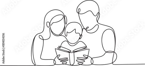 Family reading together a book in a continuous line drawing style. one line Icon drawing with white background