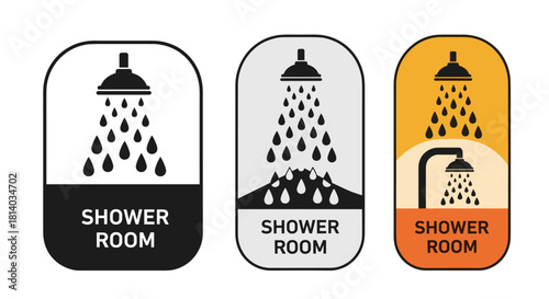 Shower Room Signage Collection Illustrating Cleanliness and Hygiene Standards for Modern Bathroom Facilities in Hotels and Gyms, Ideal for Wayfinding and Branding.  Vector Art with  Plumbing Fixtures