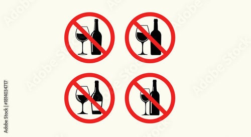 No Alcohol Allowed Signage for Public Health Awareness, Illustrating Prohibition and Responsible Drinking in Bars or Restaurants, a Symbol Against Alcoholism with a Bold Red Circle and Line, for Prese