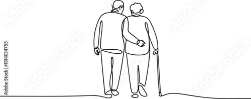 Elderly couple walking together with cane. one line Icon drawing with white background