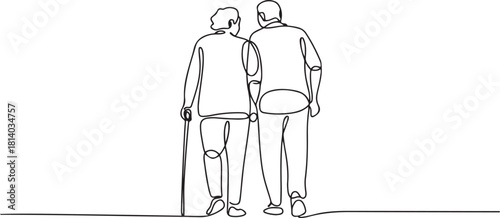 Elderly couple walking together with cane. one line Icon drawing with white background
