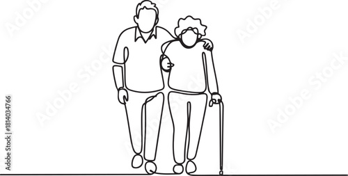 Elderly couple walking together with cane. one line Icon drawing with white background