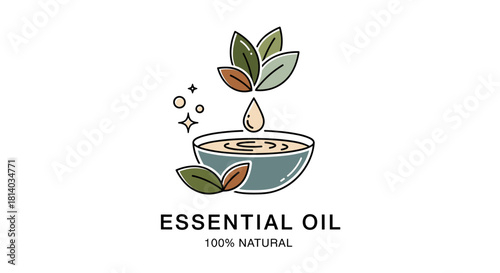 Natural Essential Oil Drop Concentrating in Bowl with Leaf Accents for Aromatherapy Wellness in Spa Setting, Representing Holistic Health and Relaxation Treatment in Minimalist Line Art Style Design,