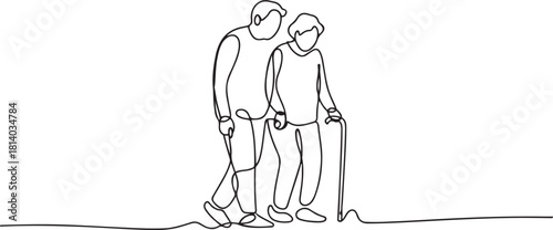 Elderly couple walking together with cane. one line Icon drawing with white background