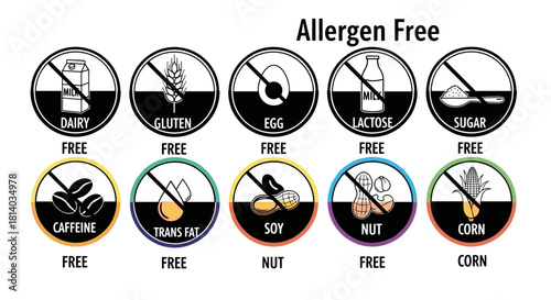 Allergen-Free Food Icons Promoting Healthy Eating and Dietary Choices for Wellness Awareness, Suitable for Menu Designs, Marketing Materials, and Informational Websites Highlighting Gluten, Dairy, Nut