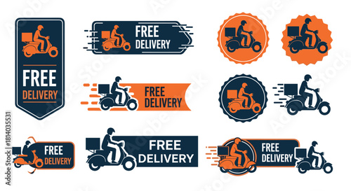 Delivery Scooter Logos Emblems for Business Marketing Promotions Riding Fast: Express Courier Service Icons on Motorbikes, Online Order Shipping, E-commerce, Food Transportation for Website, Advertise